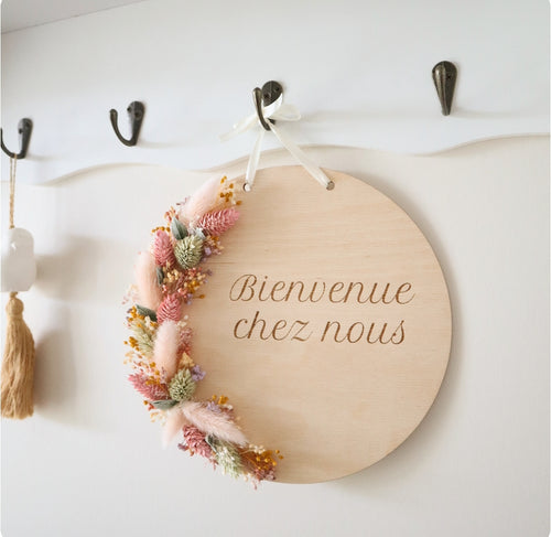 Plaque bois 20cm & fleurs séchées - texte à personnaliser