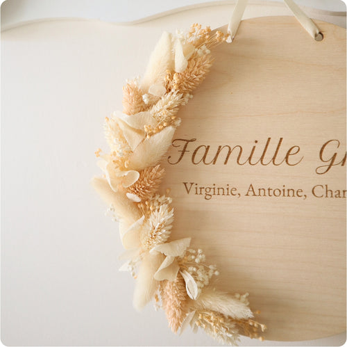 Plaque bois 20cm & fleurs séchées - texte & couleurs à personnaliser