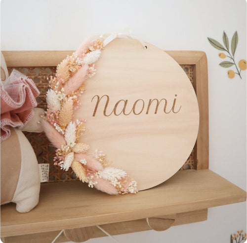 Plaque bois prénom 20cm & fleurs séchées - à personnaliser