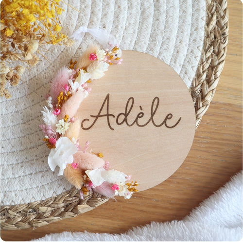 Médaillon fleurs séchées 11cm - Coloris été - Texte à personnaliser