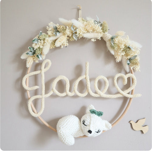 Décoration prénom, animal crochet & fleurs séchées - Grand modèle - Réouverture des commandes en décembre et expédition janvier / février