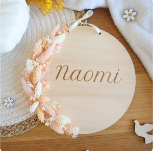 Plaque bois 20cm & fleurs séchées - texte à personnaliser