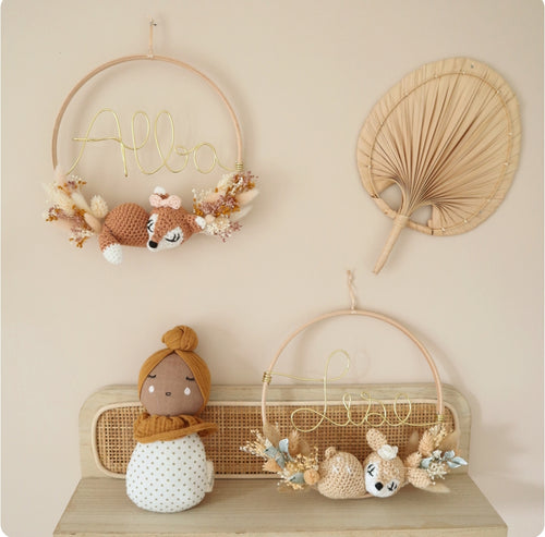 Décoration prénom, animal crochet & fleurs séchées