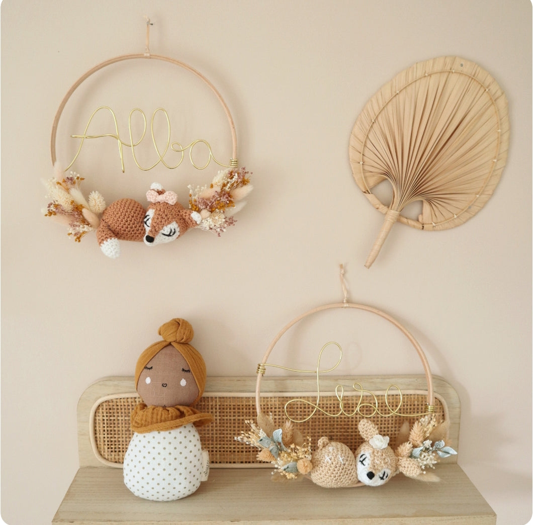 Décoration prénom, animal crochet & fleurs séchées