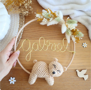 Décoration prénom, animal crochet & fleurs séchées