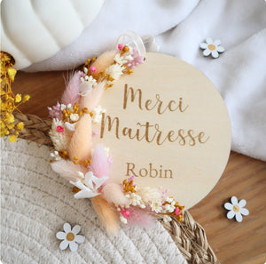 Médaillon fleurs séchées 12cm - Couleurs été - Texte à personnaliser