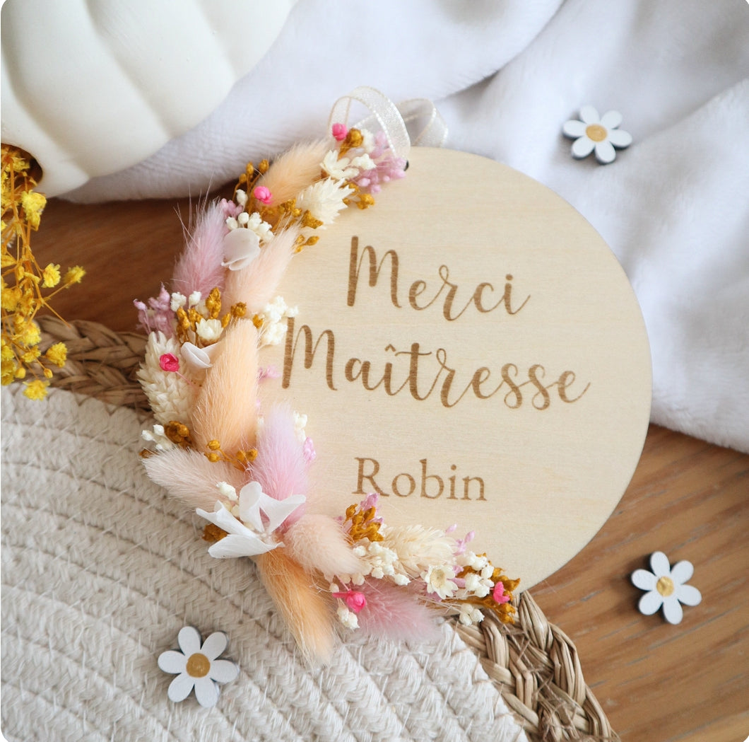 Médaillon fleurs séchées 12cm - Couleurs été - Texte à personnaliser